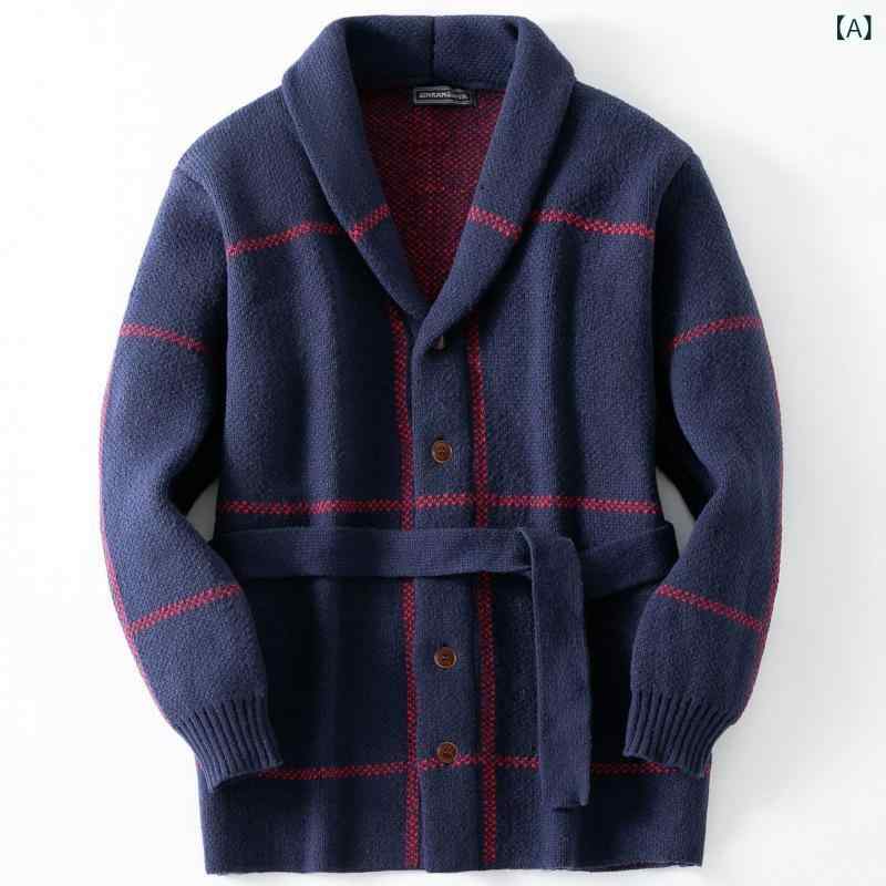 カーディガン メンズ 秋冬 欧米風 レトロ ジャカード織り 線柄 厚手 ミドル丈 襟付き 長袖 ポリエステ..