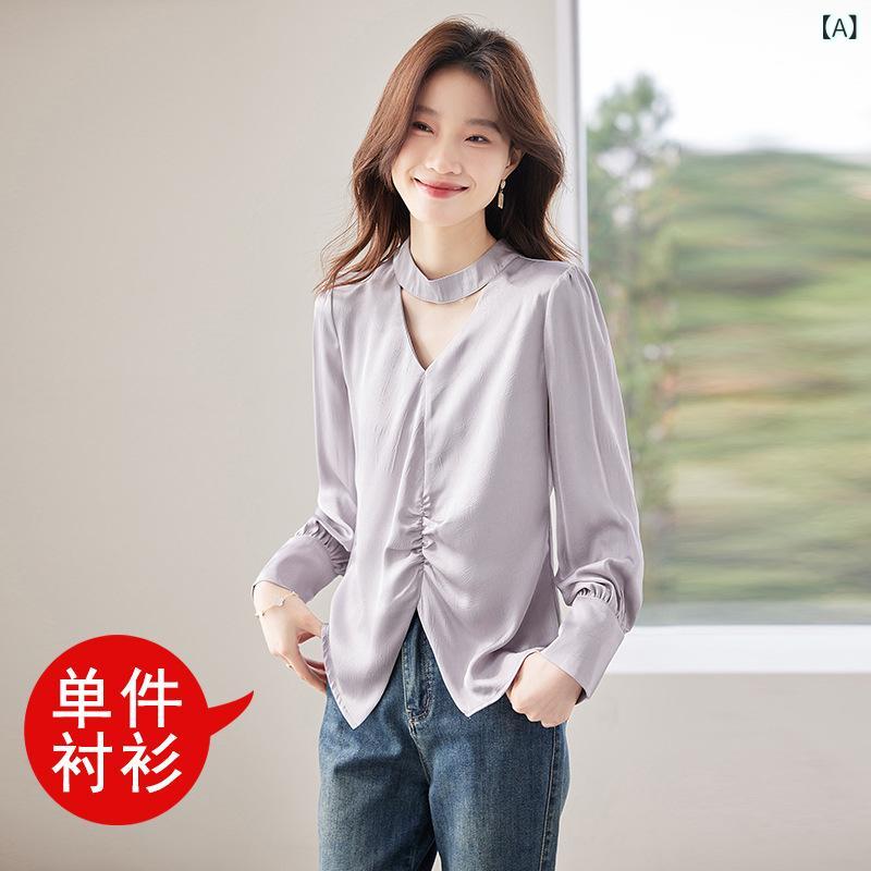 シャツ レディース 女性用 ホルターネック 長袖 Vネック シフォン ブラウス ポリエステル 無地 切り替え ゆったり ルーズフィット シンプル きれいめ エレガント カジュアル オフィス 普段使い 通勤 春夏