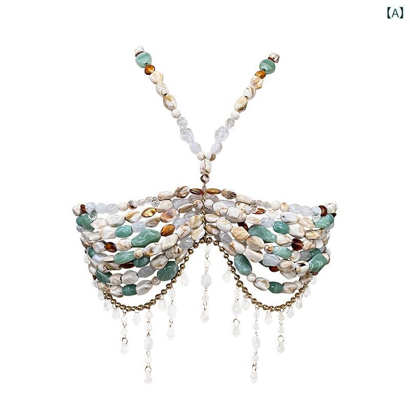 トップス レディース キャミソール ホルターネック 不揃い宝石 ハンドメイドビーズ チェーン アクリル マカロンカラー ボディジュエリー 肌見せ ショート丈 細身 ストリート ロック 春夏