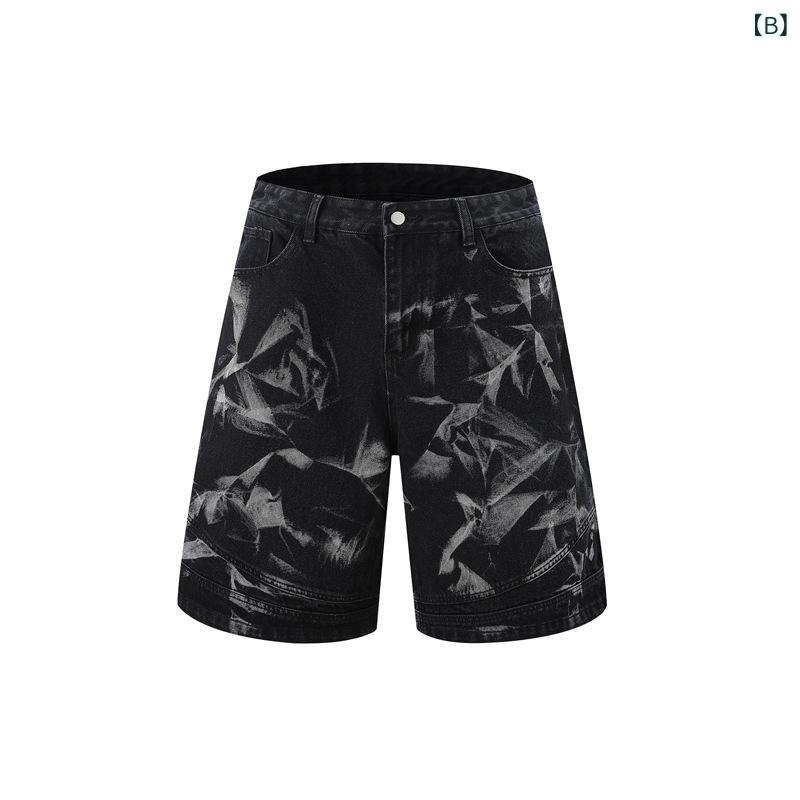 デニムショートパンツ ユニセックス アメリカンレトロ ストリート ウォッシュ加工 ユーズド加工 稲妻クラック 絞り染め 切り替え ヘビーウェイト 綿 柔らか ワイドシルエット 夏