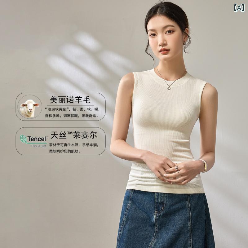 タンクトップ レディース 女性用 テンセル リヨセル ウール 再生繊維 ノースリーブ スリムフィット 伸縮性 インナー 重ね着 高級感 普段使い 通勤 無地 春夏 白系 黒系 茶系 グレー系