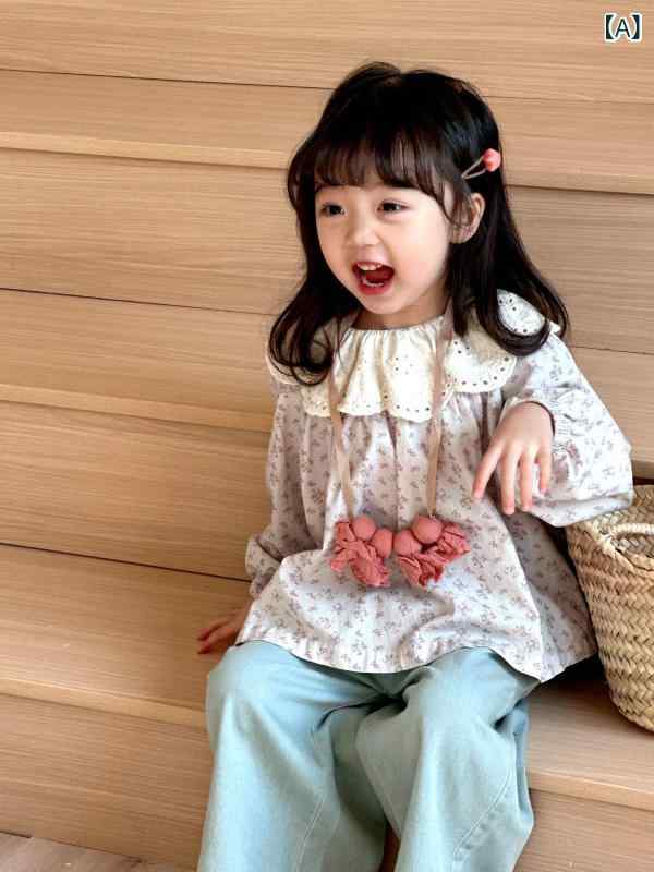 子供服 女の子 キッズ 韓国風 花びら襟 長袖ブラウス 花柄 ドット柄 綿 柔らかい肌触り デニム ワイドパンツ ゆったり ラウンドネック カジュアル 春秋