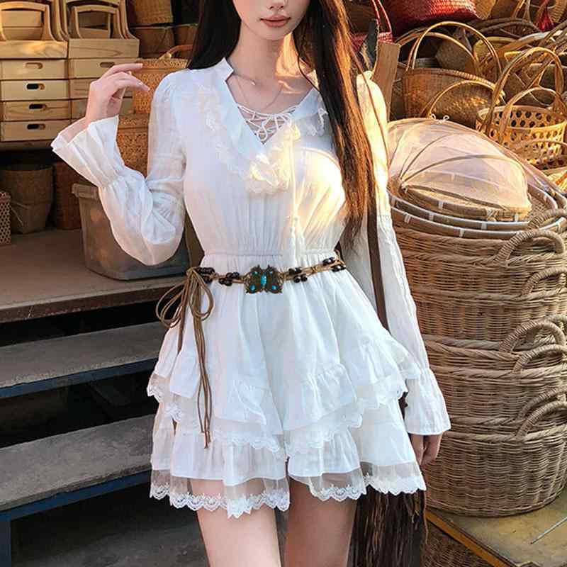 ワンピース レディース カジュアル リゾートスタイル フレンチ デザイン Vネック フリル袖 長袖 ハイウエスト ティアード ミディ丈 リボン 切り替え ポリエステル 春夏 きれいめ レトロ エレガント