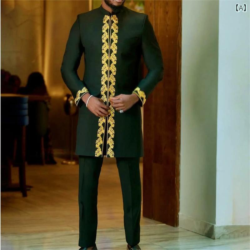 セットアップ メンズ スーツ風 カジュアル アフリカンスタイル 刺繍 クルーネック 長袖シャツ ロングパ..