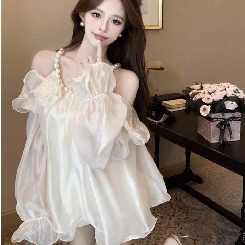 ブラウス レディース フリル ホルターネック オフショルダー サテン シフォン 秋 長袖 エレガント フレンチスタイル クラシカル きれいめ 上品