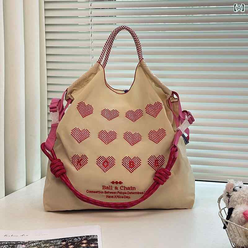 C, L, R, W - トートバッグ ボールチェーン 刺繍 ハート キャンバス 帆布 斜め掛け 手提げ ショルダー 大容量 エコ ショッピング 通勤 通学 普段使い ナチュラル カジュアル ベージュ ブラック