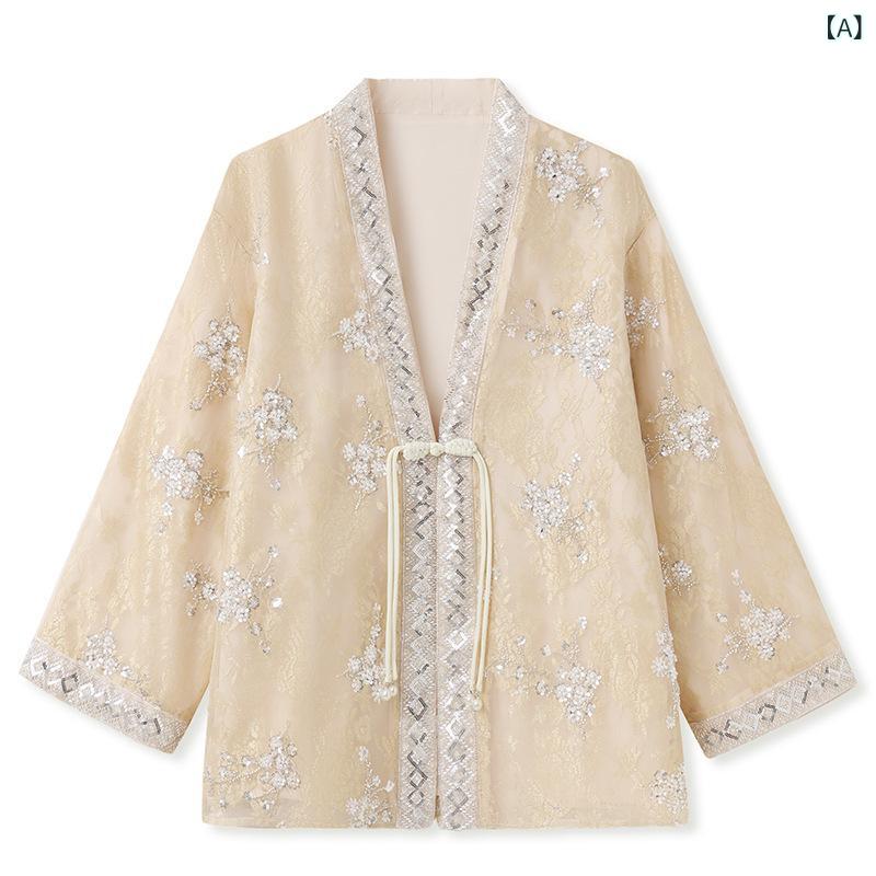 カーディガン レディース 新中式 中国風 刺繡 ビーズ飾り 高級感 上品 エレガント Vネック 長袖 ゆった..