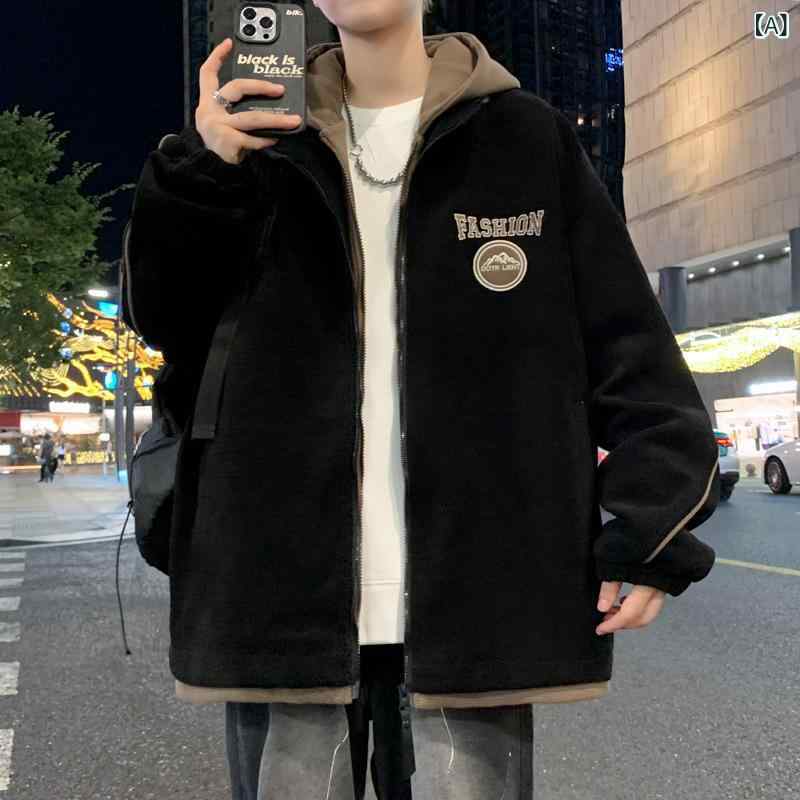 Rakuten - ジャケット メンズ フェイクレイヤード フード付き コーデュロイ ゆったり カジュアル 防風 春秋アウター 韓国ファッション マルチポケット ブラック カーキ ベージュ