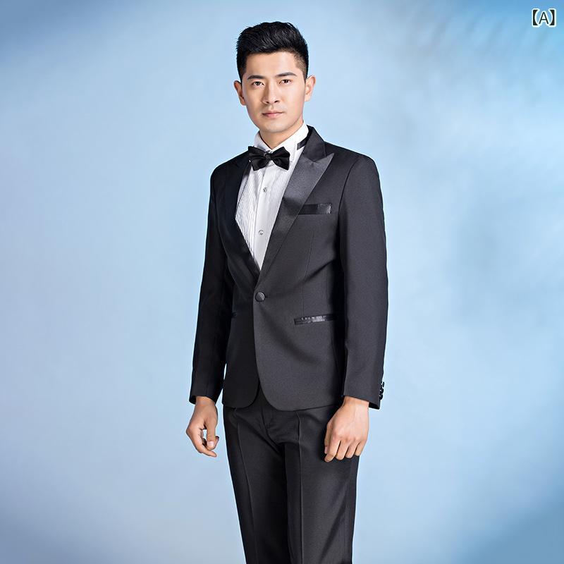 タキシード メンズ 男性用 サージ生地 ポリエステル 上質 厚手 スリムフィット スタイリッシュ スーツ セットアップ フォーマル 礼服 タキシード 結婚式 披露宴 パーティー 舞台 演奏会 司会 マジック ダンス イベント 衣装