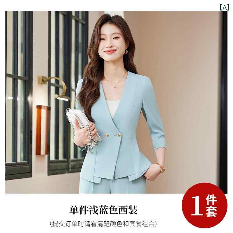 ジャケット レディース ライトブルー ノーカラー 七分袖 ウエストシェイプ 通勤 オフィス ビジネス フォーマル 春夏 スーツ ポリエステル 再生繊維 クロップドパンツ