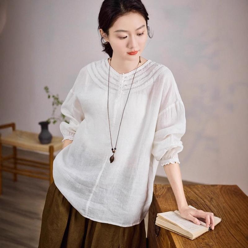 シャツ レディース 100% リネン 麻 長袖 ロマンティック ラウンドネック 花柄レース襟 ゆったり プルオーバー トップス 春夏