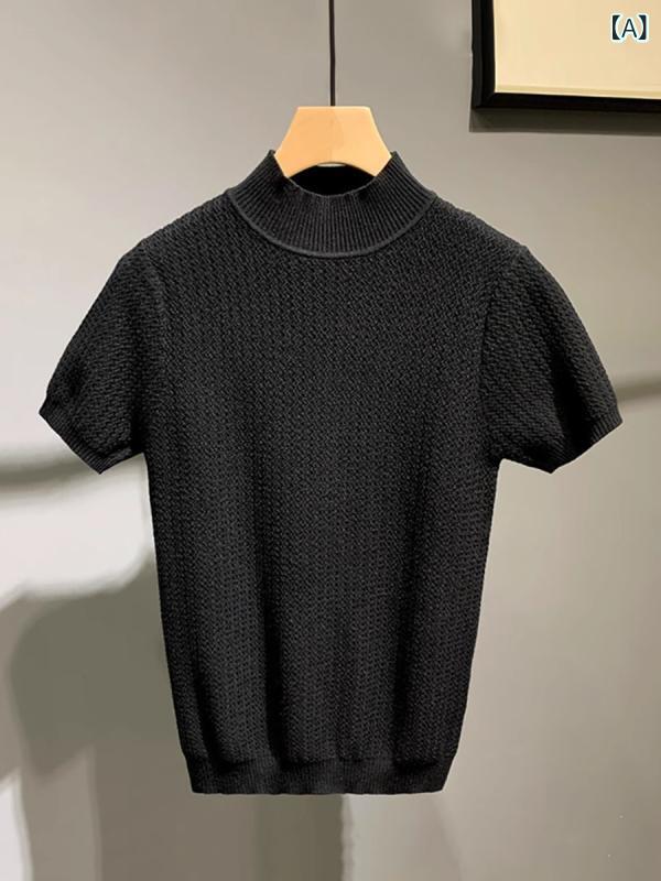 ニット メンズ 男性 半袖 モックネック ハイネック セーター スリムフィット 細身 無地 ソリッドカラー トップス 春秋 カジュアル 韓国風 ストリート ポリエステル混紡 ウォッシャブル