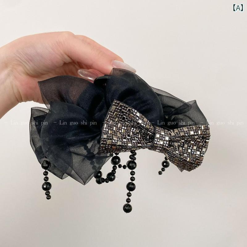 Other - ヘアクリップ レディース 13cm ビッグ リボン バンスクリップ パールチェーン フリンジ メッシュ ボリュームアップ ブラック 韓国ファッション 大人可愛い エレガント まとめ髪 アップヘア 髪飾り 普段使い