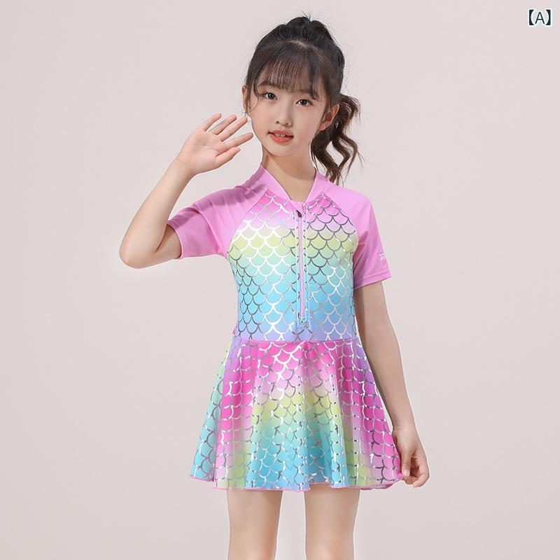 水着 女の子 ジュニア キッズ 長袖 ワンピース スカート付き UVカット 紫外線対策 マーメイド柄 魚鱗柄 高伸縮性 かわいい ポリエステル スイミング ビーチ プール 水遊び 春夏