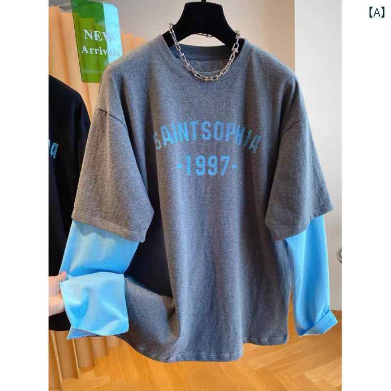 Tシャツ レディース オーバーサイズ フェイクレイヤード 長袖 カットソー クルーネック ゆるシルエット 春秋 綿混 カジュアル トップス インナー