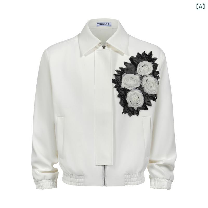 ジャケット メンズ ブラック ローズ柄メッシュ ビッグシルエット ショート丈 肩パッド入り テーラードジャケット 春夏 麻混 高級感 個性的 モード ストリート アウター(x2)