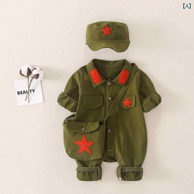 ロンパース ベビー 男の子 女の子 男女兼用 ミリタリー 軍服風 カバーオール 長袖 厚手 裏起毛 綿 カー..