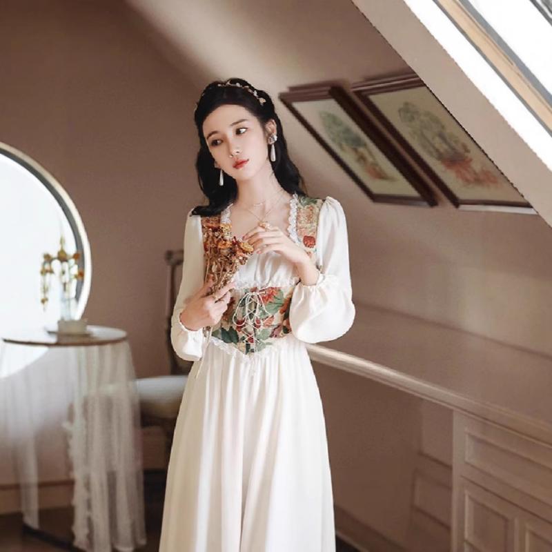 ワンピース レディース 宮廷風 レトロ クラシカル 花柄 ロング丈 長袖 プリンセスドレス スクエアネッ..