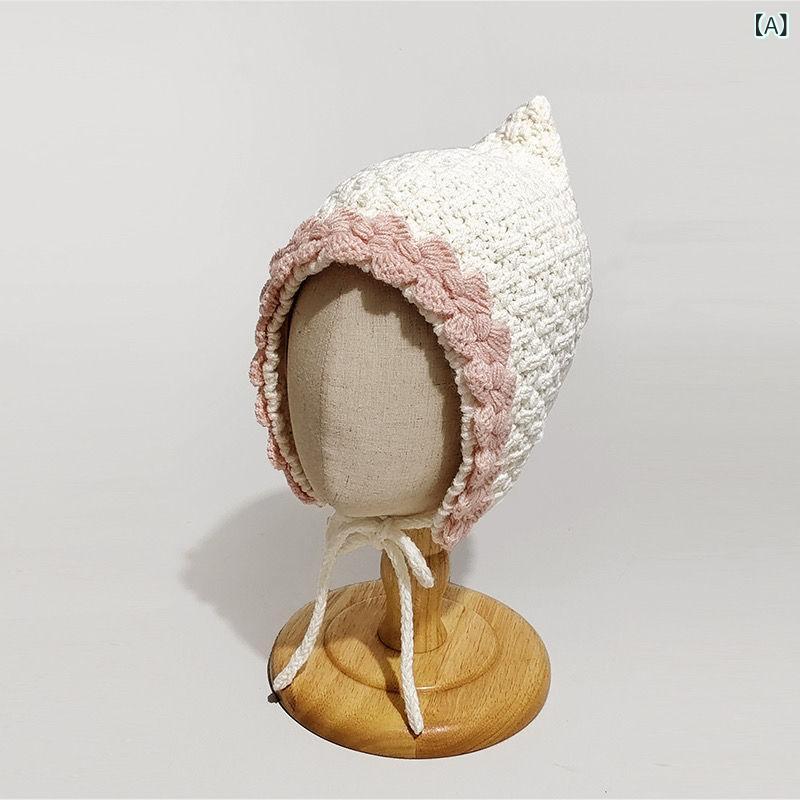 ニット帽 ベビー キッズ 男女兼用 耳あて付き とんがり帽子 レース飾り 毛糸編み 秋冬 保温性 通気性 ..