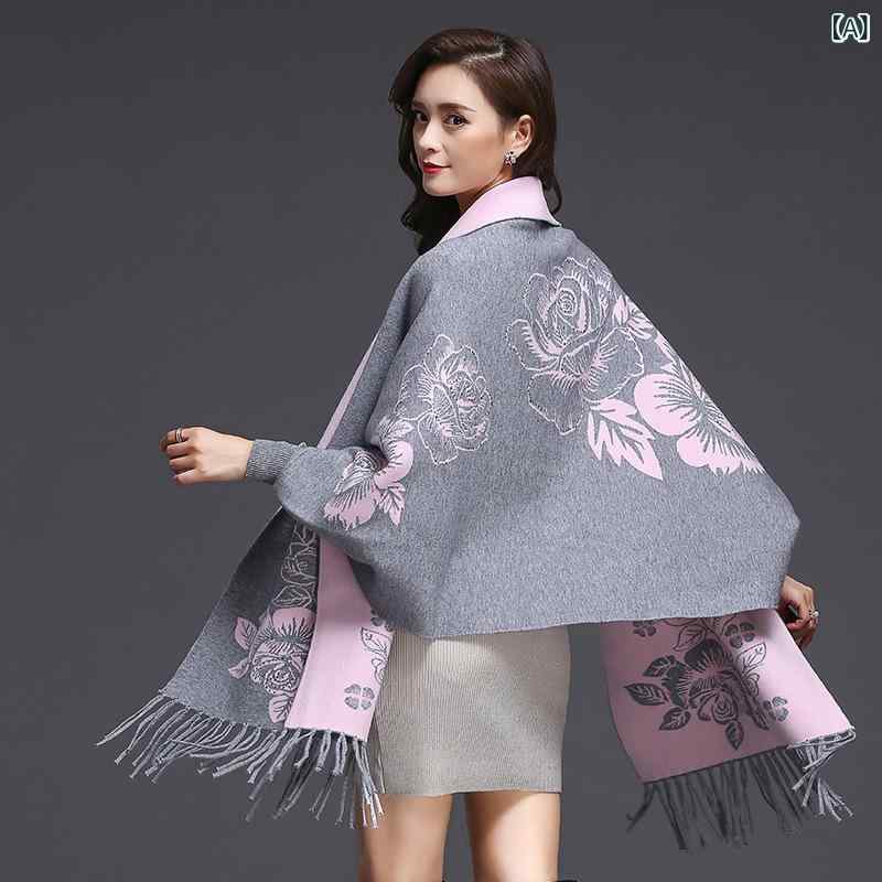 For Women - ショール レディース 秋冬 ポンチョ ケープ リバーシブル フェイクカシミヤ フリンジ ロング丈 なめらか エスニック風 羽織り 上品 エレガント 防寒 保温 お洒落 着回し 体型カバー チャイナドレススタイル 通勤 オフィス