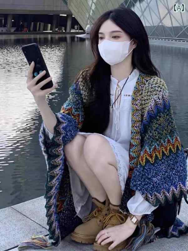 樂天商城 - ショール レディース 民族風 ボヘミアン風 ケープ ポンチョ 大判 ゆったり 羽織り レトロ 配色 タッセル カシミヤタッチ 秋冬 着回し 旅行 お出かけ 青系 グレー