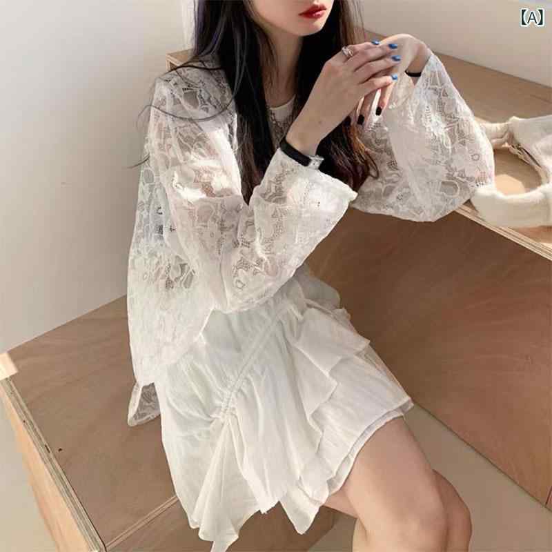 Rakuten - Tシャツ レディース ラウンドネック 長袖 ミドル丈 レース 透かし彫り シースルー 花柄 きれいめ 上品 通勤 オフィス カットソー プルオーバー トップス 春夏 白 黒
