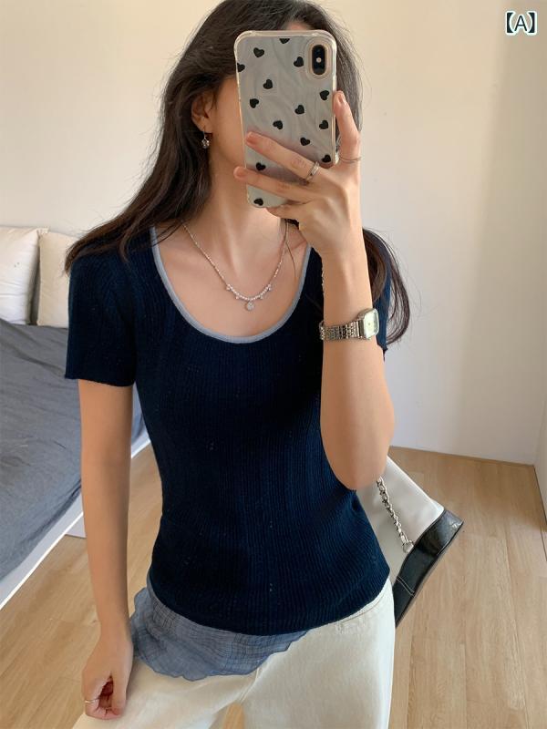 ニット レディース 甘辛系 韓国ファッション Uネック 半袖 スリムフィット 配色切り替え サマーニット インナー トップス 普段使い きれいめカジュアル 伸縮性 春夏 ネイビー