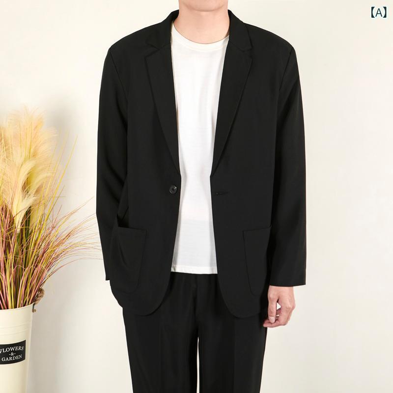 カジュアルジャケット メンズ テーラードジャケット 春 韓国ファッション ゆったり ルーズフィット 無地 ポリエステル パッド入り ビジネスカジュアル オフィス 通勤 ブラック グレー カーキ アウター