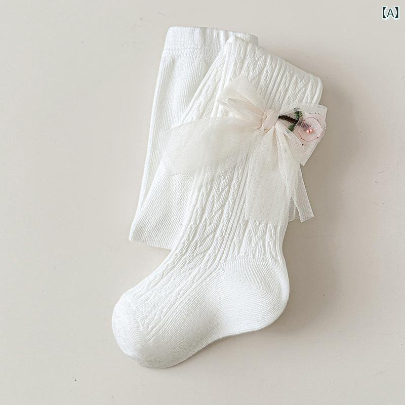タイツ 子供 女の子 ガールズ 春秋 無地 サイドリボン 蝶結び 薄手 通気性 シームレス 肌に優しい 上質コットン 普段使い かわいい プリンセス