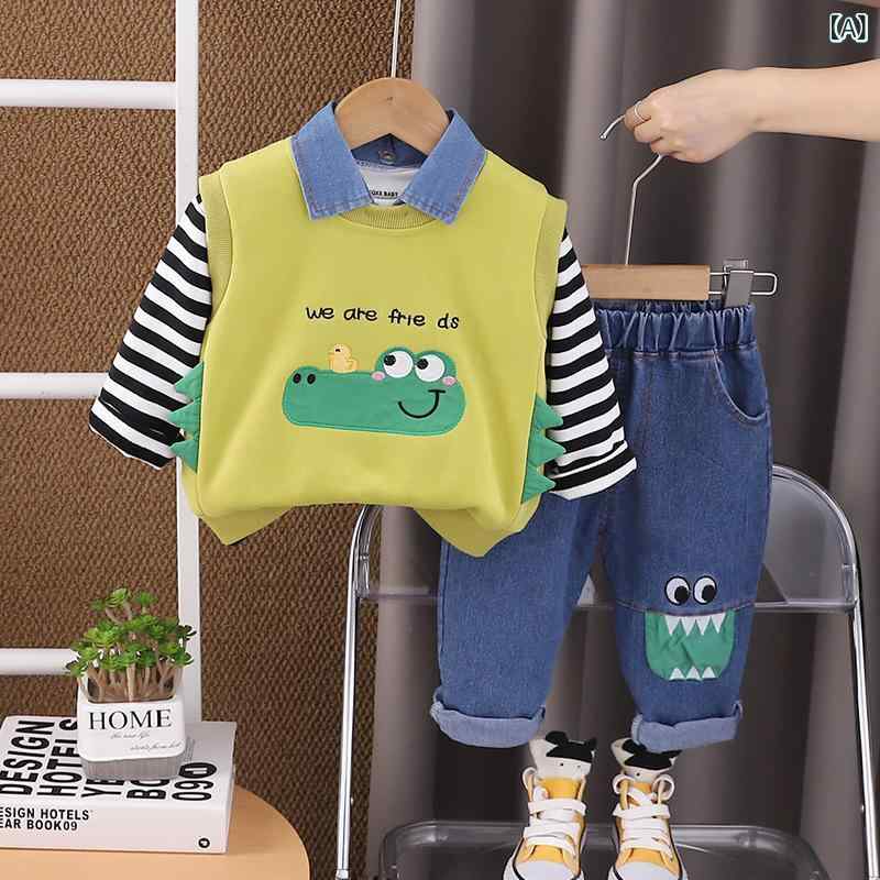 キッズ 男の子 セットアップ ベスト 長袖トップス デニムパンツ 3点セット アニマル柄 カートゥーン ス..