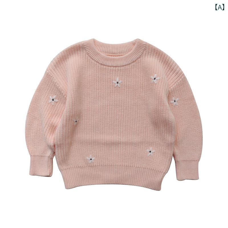 ベビー 女の子 ニット セーター コットン100% 幼児 レトロ ヴィンテージ ざっくり 手編み かぎ針編み 花柄 フラワーモチーフ 丸首 ラウンドネック プルオーバー 長袖 ソフト 春秋冬