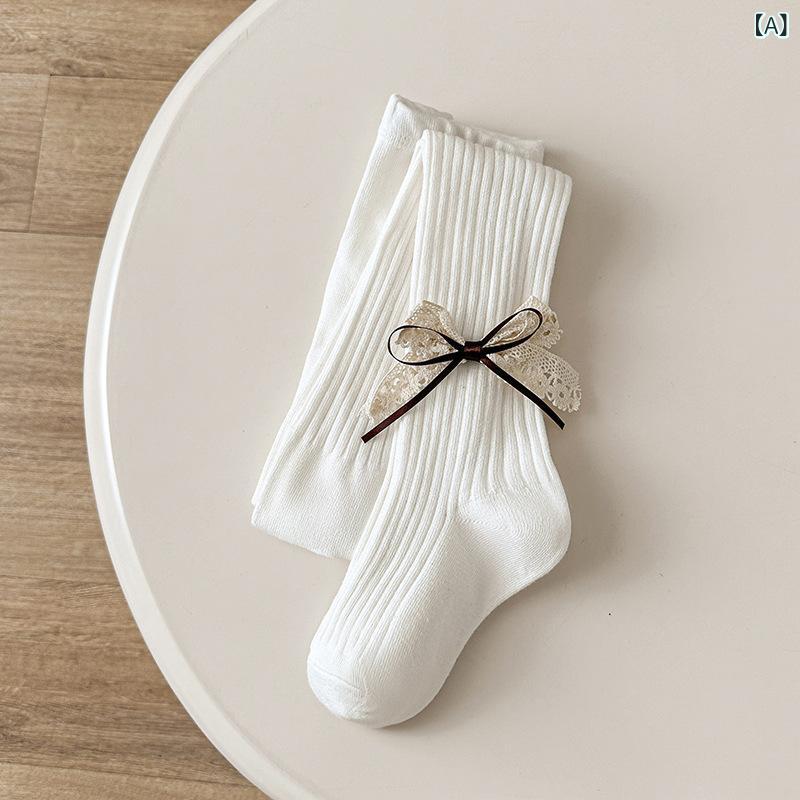 Spats - タイツ キッズ ベビー 女の子 春秋 薄手 白 ホワイト 綿素材 精梳綿 レース 刺繍 蝶々 リボン飾り 通気性 縫い目なし 3-8歳向け かわいい柄