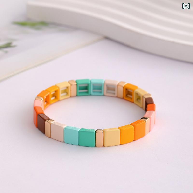 ブレスレット レディース ボヘミアンスタイル カラフル スクエア型 ビーズ 幾何学模様 合金製 ハンドメ..