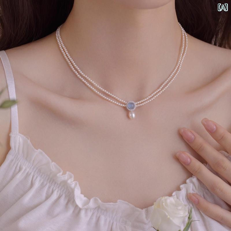 ネックレス レディース S925純銀 パール パール ダブルレイヤー 鎖骨チェーン ライトラグジュアリー 個性的 上品 フェミニン 日韓スタイル 普段使い オフィス カジュアル
