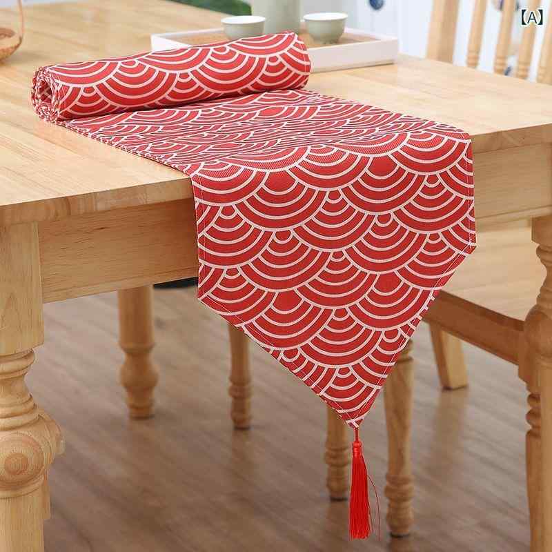 テーブルランナー 厚手 二重 防水 防塵 撥水 防汚 中国風 アジアン 麻 リネン ポリエステル ブライダル ウェディング 茶席 玄関 コンソール 耐摩耗性 タッセル飾り 赤 青 鶴柄 祥雲柄 波柄 シンプルモダン