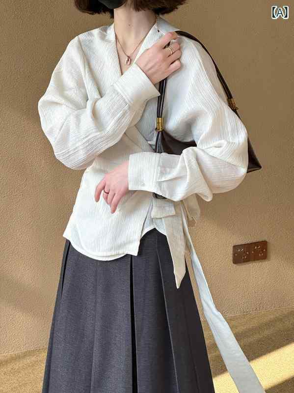 シャツ レディース 新チャイナ風 デザイン Vネック ゆったり ウエストマーク 抜け感 テンセル 再生繊維 ノーアイロン お手入れ簡単 カジュアル 春夏 アイボリー ライトグレー グリーン系 トップス ブラウス