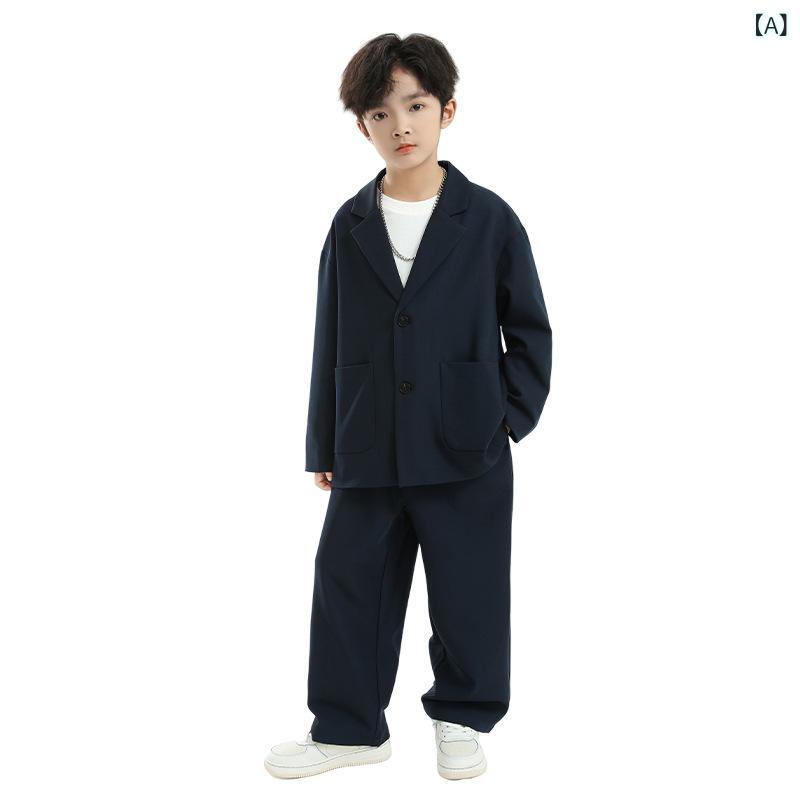 スーツ 男の子 キッズ ジュニア ブリティッシュスタイル カジュアル ジャケット セットアップ フォーマル パンツスーツ 結婚式 発表会 紺 春秋 ポリエステル 長袖 長ズボン シングルボタン
