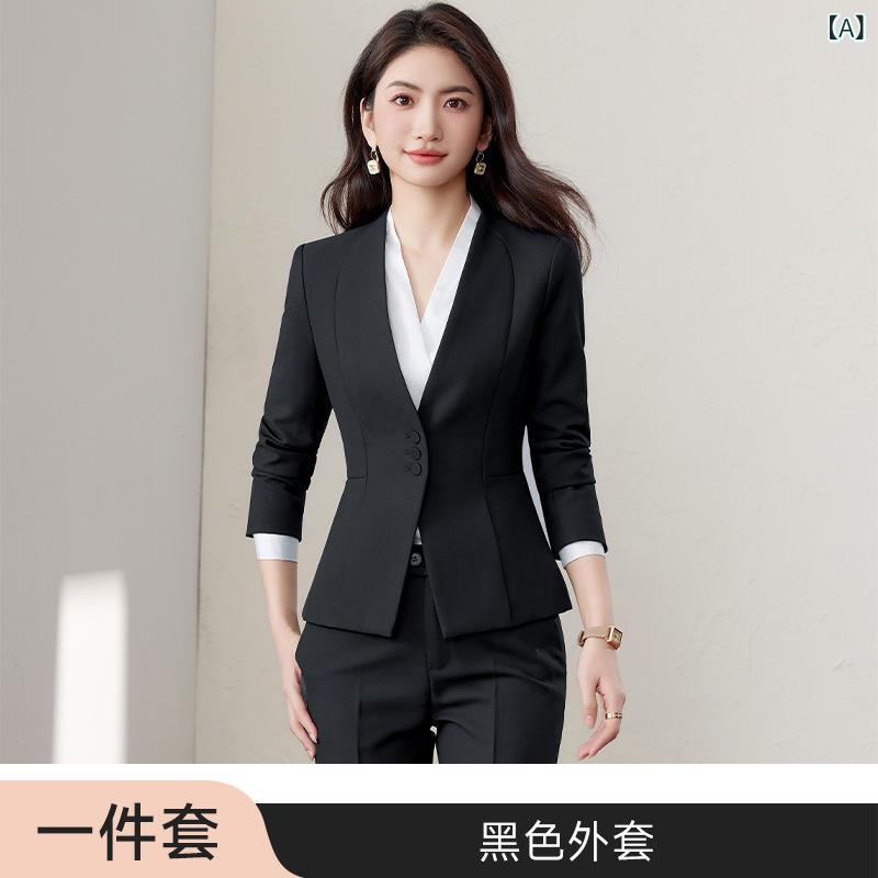 外套 - スーツ セットアップ レディース 女性用 ビジネス オフィス フォーマル ノーカラー ジャケット 上着 パンツ スカート 高級感 エレガント 春夏 ポリエステル