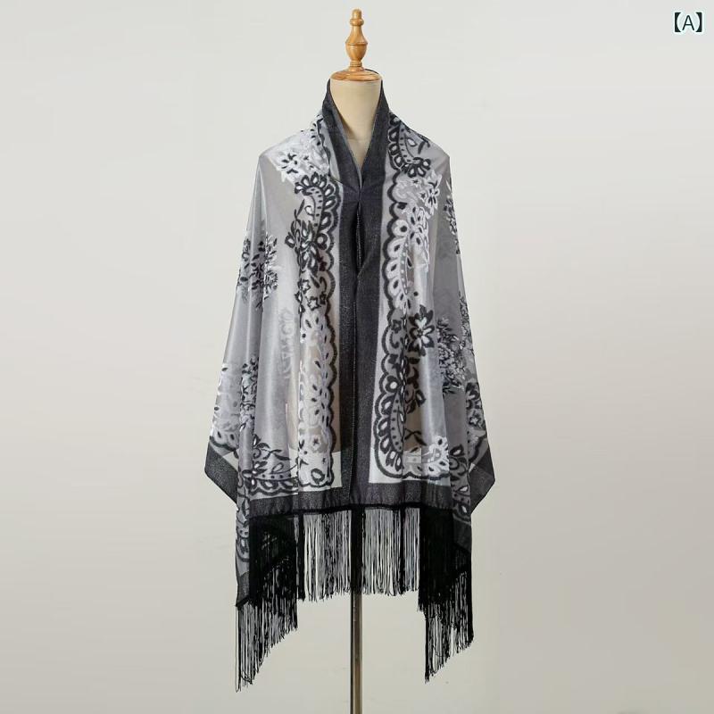 ショール レディース ボヘミアン風 民族調 ベロア ふわふわ 大判 フリンジ 花柄 ストール 秋冬 暖かい ..