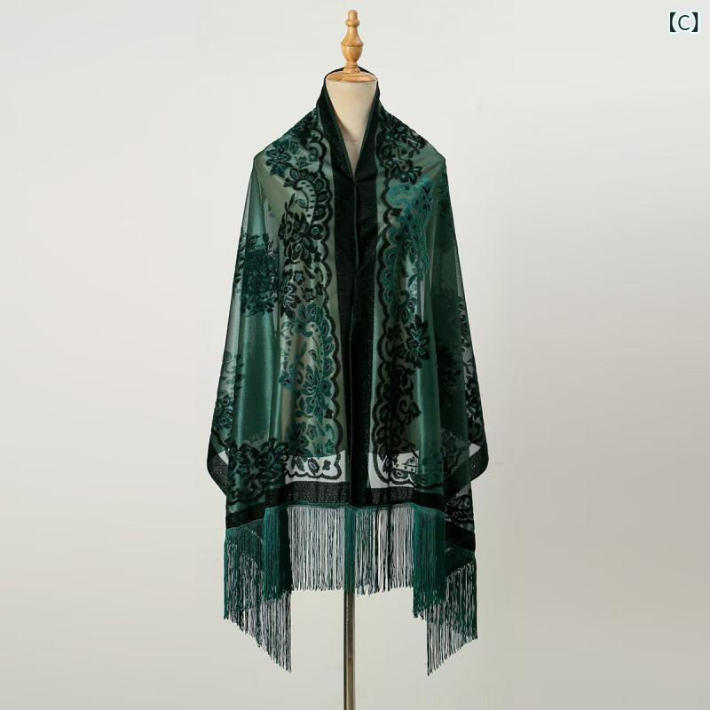 ショール レディース ボヘミアン風 民族調 ベロア ふわふわ 大判 フリンジ 花柄 ストール 秋冬 暖かい 上品 エレガント 防寒