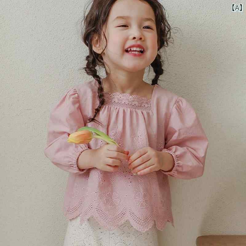 子供服 女の子 キッズ ブラウス シャツ トップス かわいい ドール スクエアネック 長袖 刺しゅう レースフリル プリンセス風 綿 コットン 春秋 ピンク系 アイボリー系