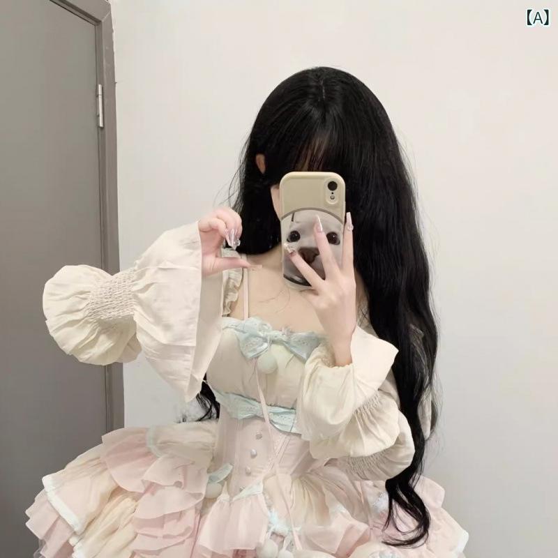 ワンピース レディース ロリータ プリンセスドレス かわいい フレンチ 初恋 フェミニン スウィート ボリューム ティアード スクエアネック パフスリーブ 長袖 フリル ウエストマーク ミニ丈 麻 春夏