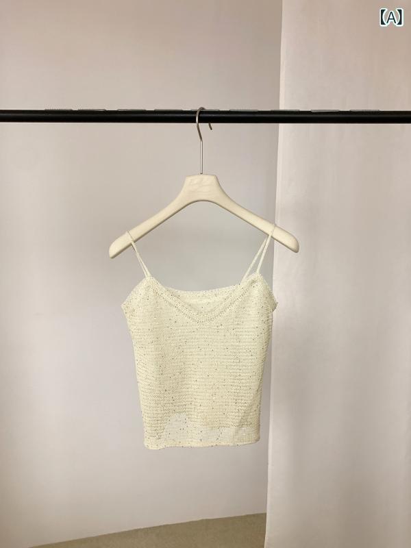 トップス レディース スパンコール ニット タンクトップ キャミソール ノースリーブ クロップド丈 再生繊維 ストレッチ インナー 重ね着 カジュアル 春夏 スリムフィット タイトシルエット 普段使い