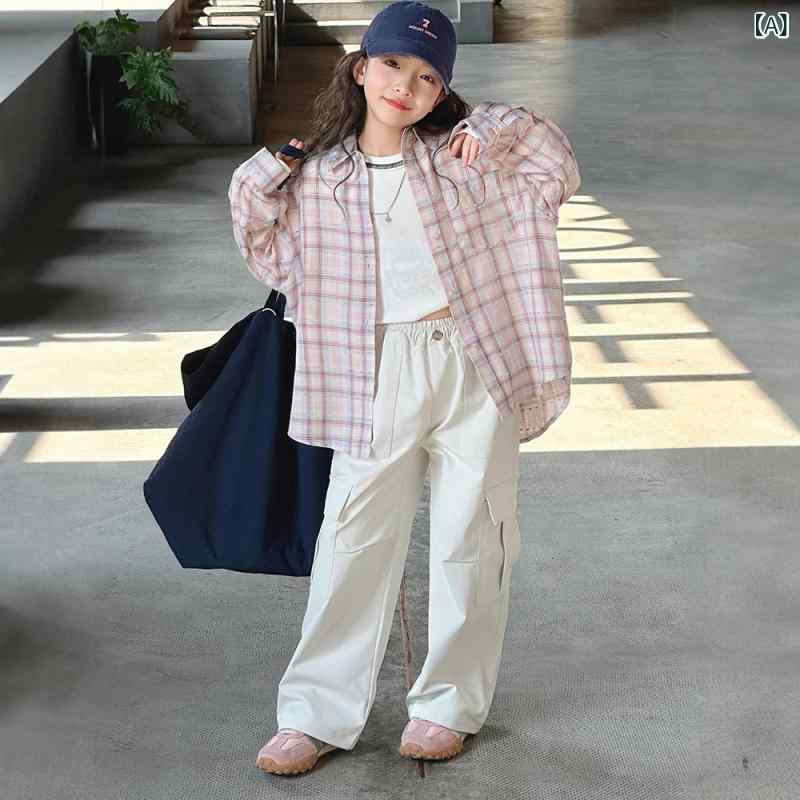 シャツ 女の子 ジュニア 長袖 襟付き ゆったり 配色 チェック柄 韓国風 トップス 綿 コットン 春秋 ソフト 柔らかい おしゃれ 着回し