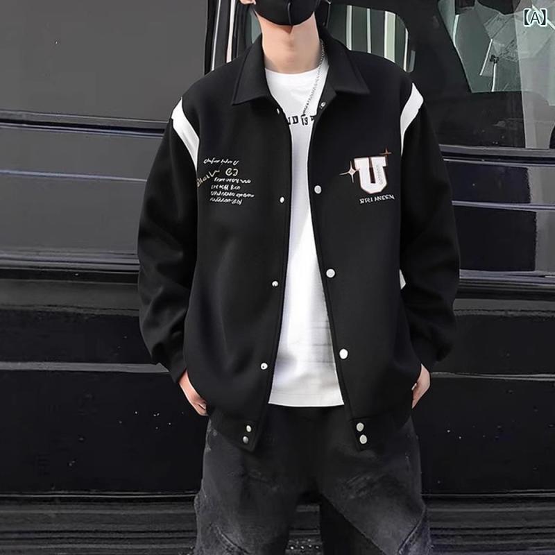 スタジャン メンズ 男性用 ワインレッド ボルドー コーデュロイ 刺繍 高級感 多ポケット 普段使い デイリーユース カジュアル ファッション 春秋 耐久性 モダン ストリート 襟付き