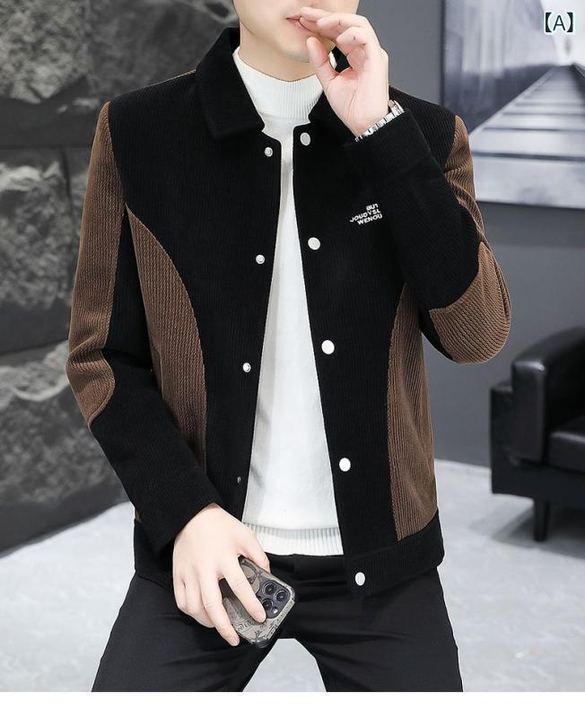 ジャケット メンズ 男性用 コーデュロイ ポリエステル 韓国風 スリムフィット テーラード襟 厚手 耐摩 シングルブレスト 春秋 カジュアル 普段使い ブラウン ベージュ アウタートップス 羽織り(x2)