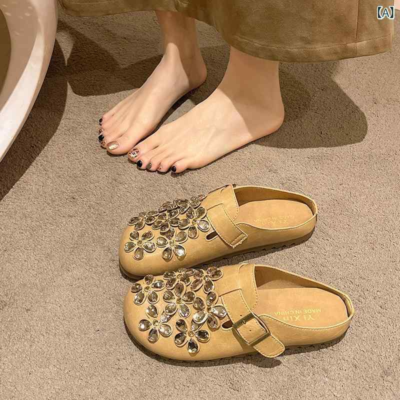ミュール クローズトゥ スリッポン フレンチスタイル ラインストーン ビジュー フラット ぺたんこ コンフォート 保温性 フェイクレザー 上品 エレガント 秋冬 カーキ ブラック ベージュ シューズ