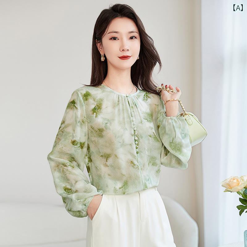 シャツ レディース 春夏 100% 桑蚕シルク プルオーバー ジャガード織り ボタニカル柄 3D立体柄 ラウンドネック 長袖 ゆったりシルエット 高級感 上品 エレガント グリーン 通勤 オフィス 普段使い