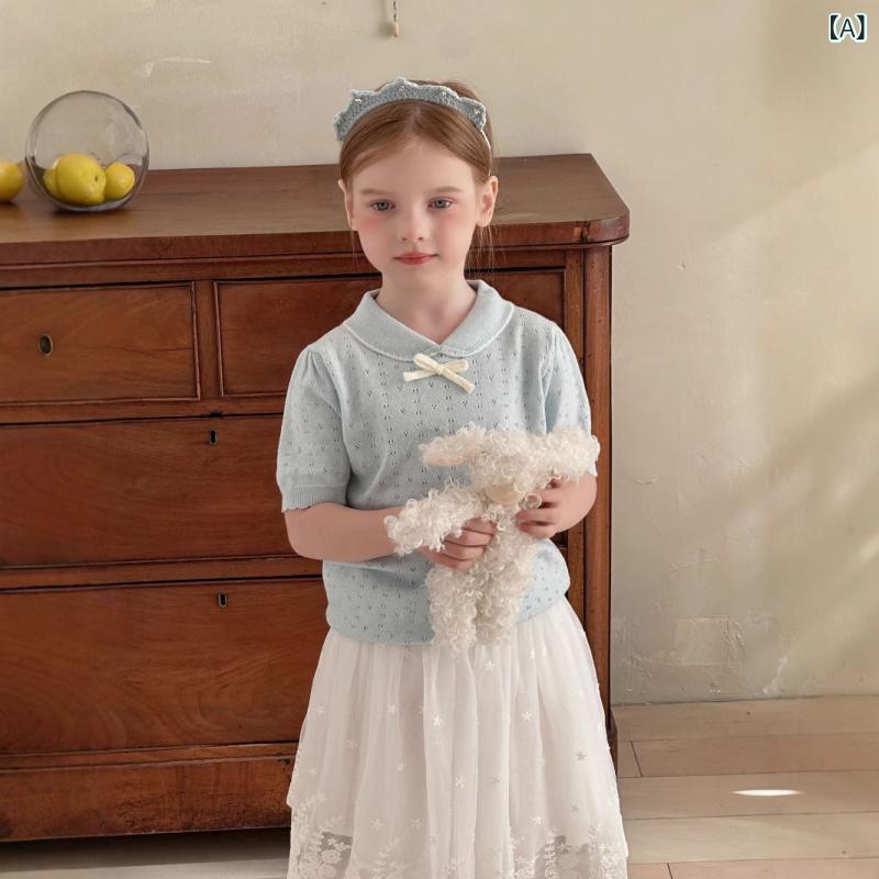 ニットTシャツ 女の子 キッズ 春夏 韓国 透かし編み リボン かわいい クルーネック 半袖 綿 柔らかな着心地 普段使い お出かけ パステルカラー