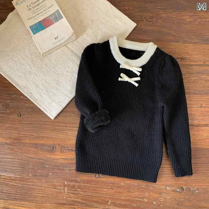 キッズ 女の子 セーター ベビー ニット トップス 裏起毛 リボン 長袖 丸首 無地 かわいい プルオーバー アクリル 秋冬 韓国風 小学生 園児 普段使い ソフトタッチ